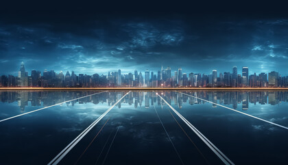 Wall Mural - A city skyline is shown with a long road in the middle