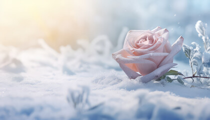 Sticker - A pink rose is the main focus of the image, with a snowy background