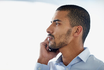 Poster - Business man, listening and mobile call with thinking, ideas or decision for offer, opportunity or suspicious contact. Worker with phone and serious, contemplation or choice for risk or investment