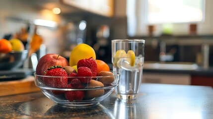 Wall Mural - a bowl of fresh fruit and a glass of water on a kitchen counter.