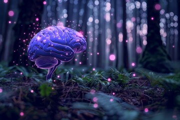 Poster - Digital brain hologram in a forest setting merging technology with nature to represent the intersection of modern science and the natural world