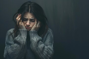 Woman in gray sweater crying, holding head, dark background, mental health