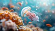 © cloud7days - Jellyfish interacting with swarm of small, colorful fish near vibrant coral reef, bioluminescent glow illuminating scene, lively and captivating.