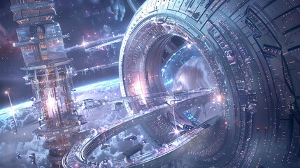 Poster - A futuristic space station in orbit around a planet, with a starry sky in the background.