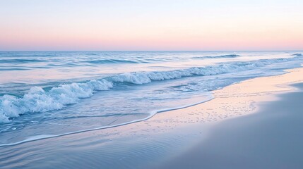 Poster - A calm beach at sunrise with a pink and blue sky.