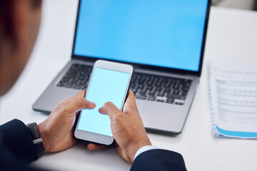 Poster - Green screen, phone and hands of businessman with laptop in office with space for marketing or promotion. Cellphone, computer and attorney with mockup chroma key for legal advertising in workplace.