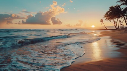 Poster - A beach at sunset with palm trees.