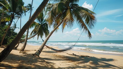 Poster - A hammock hangs between two palm trees on a tropical beach.