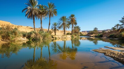 Canvas Print - A lush oasis in the desert with palm trees reflected in the water.