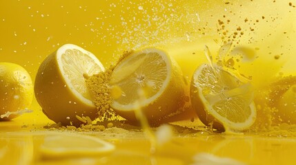 Exploding lemon slices with colored powder on a fuzzy yellow background