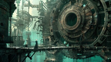 Poster - A lone figure stands on a platform overlooking a futuristic city made of metal and machinery.