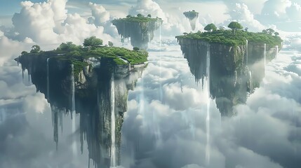 Sticker - A painting of a fantastical world with floating islands and waterfalls.