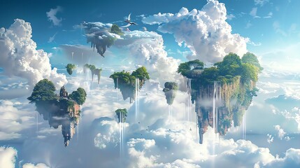 Poster - A painting of a fantastical world with floating islands and a starry sky.