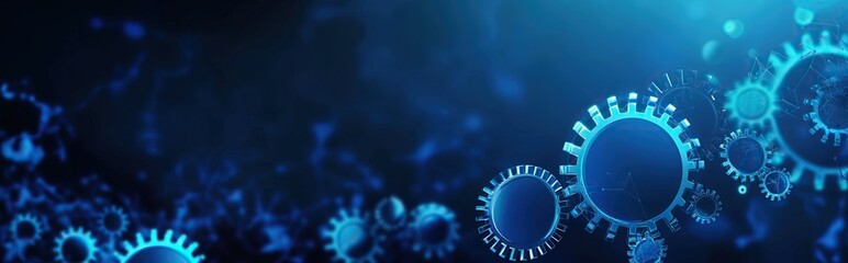 Fototapete - Abstract blue digital technology background with gears and cogs, dark blue banner for web design. A close up of gears in a blue background. Digital low poly 3d gears.