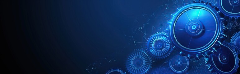 Fototapete - Abstract blue digital technology background with gears and cogs, dark blue banner for web design. A close up of gears in a blue background. Digital low poly 3d gears.