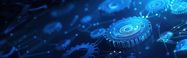 Fototapete - Abstract blue digital technology background with gears and cogs, dark blue banner for web design. A close up of gears in a blue background. Digital low poly 3d gears.