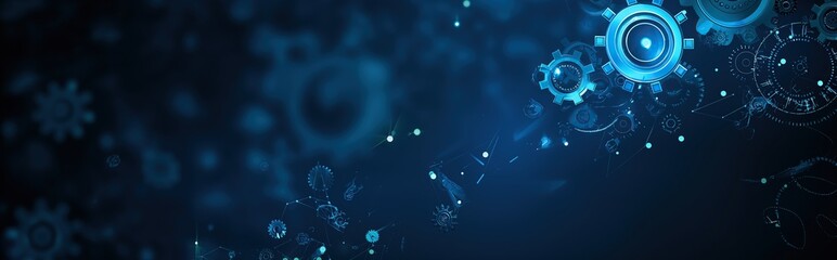 Fototapete - Abstract blue digital technology background with gears and cogs, dark blue banner for web design. A close up of gears in a blue background. Digital low poly 3d gears.