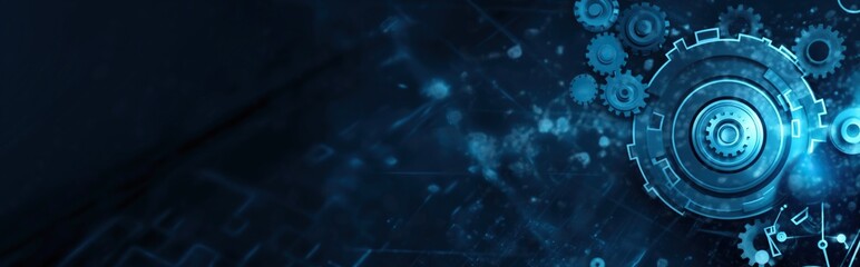 Fototapete - Abstract blue digital technology background with gears and cogs, dark blue banner for web design. A close up of gears in a blue background. Digital low poly 3d gears.