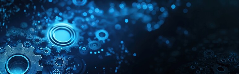 Fototapete - Abstract blue digital technology background with gears and cogs, dark blue banner for web design. A close up of gears in a blue background. Digital low poly 3d gears.