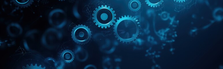 Fototapete - Abstract blue digital technology background with gears and cogs, dark blue banner for web design. A close up of gears in a blue background. Digital low poly 3d gears.