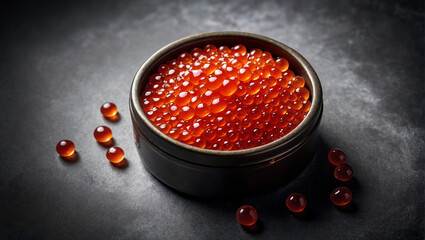 red caviar in a bowl on a dark table