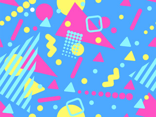 Wall Mural - Geometric seamless pattern with memphis elements in 80s style. Colorful geometric pattern. Design of promotional products, wrapping paper and printing. Vector illustration
