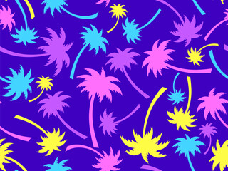 Wall Mural - colorful palm trees seamless pattern. summer time, wallpaper with tropical palm trees on purple back