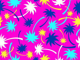 Wall Mural - colorful palm trees seamless pattern. summer time, wallpaper with tropical palm trees on purple back