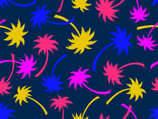 Wall Mural - colorful palm trees seamless pattern. summer time, wallpaper with tropical palm trees on purple back