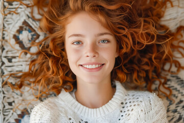 Poster - A young girl with red hair laying on a rug smiling