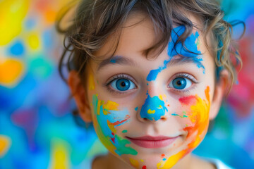 Sticker - A little girl with her face painted in bright colors.