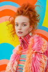 Poster - A young girl with red hair wearing a pink fur coat