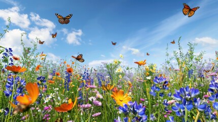 a wildflower meadow in full bloom with a variety of colorful flowers, a clear blue sky above, and bu