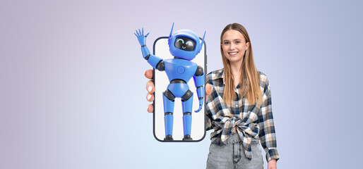 Poster - Woman showing phone blank screen with AI robot waving, virtual assistant