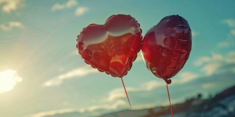 Poster - Red heart shaped balloons in sky