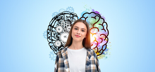 Wall Mural - woman portrait with brain sketch with two different sides of thinking