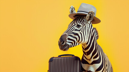 Funny striped zebra in a hat and with a suitcase on a light isolated background The concept of travel vacations and outdoor activities A banner a place for text