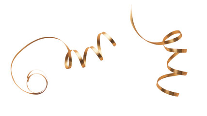 A thin curly gold ribbon for Christmas and birthday present banner isolated against a white background.