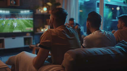 A group of young men are watching a professional football match on TV sitting at home on the couch in the evening Football fans watch sports