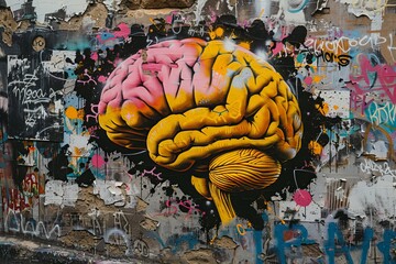 Sticker - Colorful brain graffiti on a textured wall merging street art with cognitive science in an urban setting highlighting vibrant creativity and urban culture