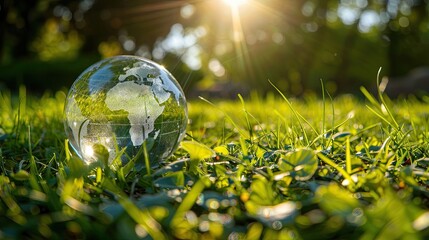 Sticker - Glass Globe Representing the Earth Resting in Lush Green Grass