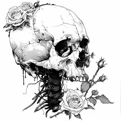 Wall Mural - A skull with dripping paint, adorned with roses and thorns