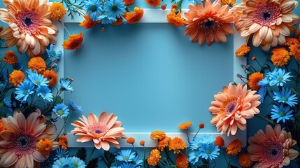 frame with colorful flowers around the edges, flat lay on a clean background