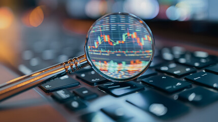Poster - A magnifying glass is on a keyboard with a screen behind it. The screen shows a graph with a lot of numbers and lines. Concept of analyzing data and looking closely at it to understand it better