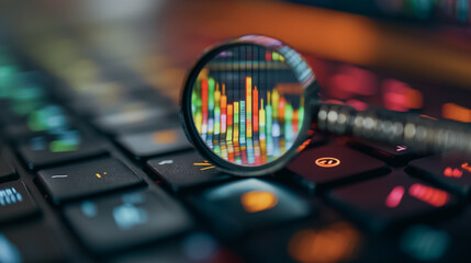 Poster - A magnifying glass is on a keyboard with a colorful background