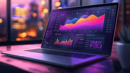 Poster - A laptop displaying a colorful graph with purple and pink lines. The graph is showing a trend in data, and the colors of the lines suggest that the data is increasing or decreasing