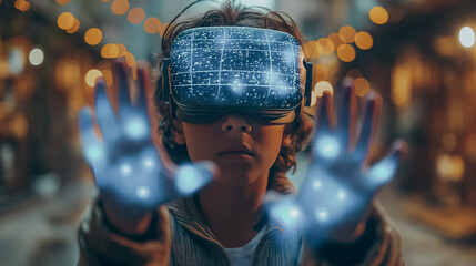Poster - a young boy wearing a virtual reality headset is holding his hands up in the air. concept of excitem