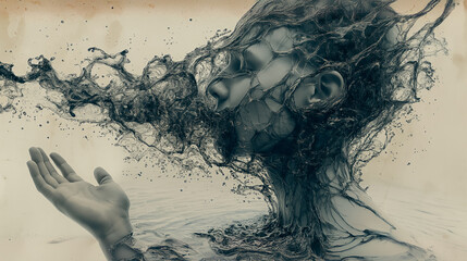 Poster - A woman's face is covered in a thick, black substance, and her hand is reaching out to try to catch it. Concept of chaos and destruction