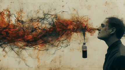 Poster - A man is smoking a cigarette and holding a bottle of alcohol. The image is a mix of smoke and the man's face, with the bottle of alcohol being the only clear object. Scene is dark and ominous