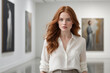 © KraPhoto - Elegant Woman in White Shirt at Modern Art Gallery Exhibition with Contemporary Paintings in Background